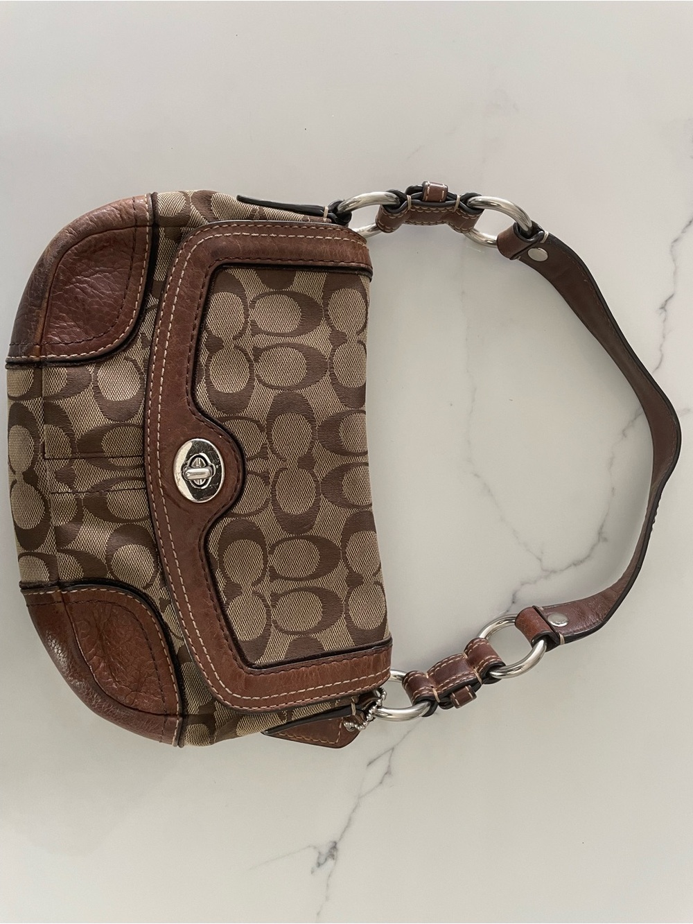 Coach Brown Signature Canvas Shoulder Bag with Leather Trim